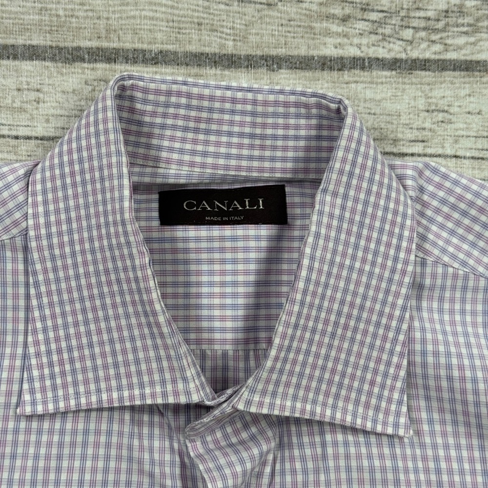 Canali Dress Shirt Men's 42/16.5 Purple White Micro Check French Cuff Italy Made - Picture 6 of 7